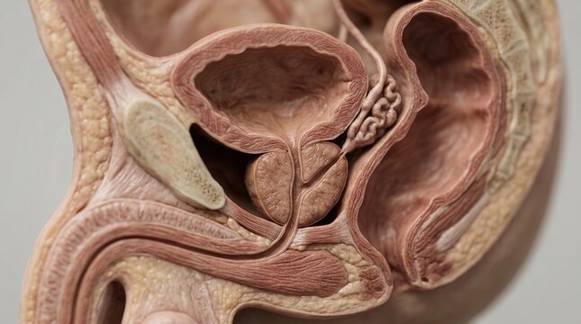 Human gland display: prostate anatomy, male reproductive, zonal morphology, normal structure, inflammatory condition, clinical visualization, urology study, pelvic organ, bladder urethra.