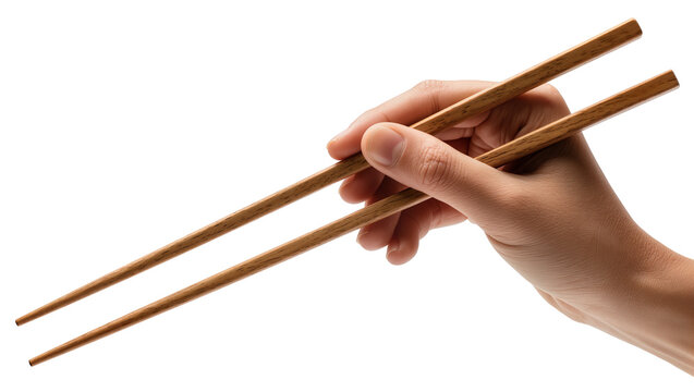 Human hand holding wooden chopsticks, isolated on transparent background