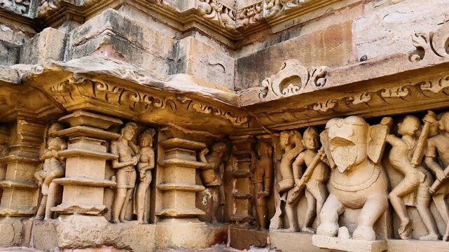 Khajuraho. Chaunsat Yogini Temple. Dedicated to the goddess Kali. Unesco World Heritage Siteing bas relief panorama, Lakshmana Temple, Khajuraho, India. Unesco World Heritage Site