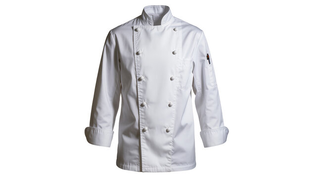 Classic white chef jacket with double-breasted front and rolled cuffs, isolated on transparent background