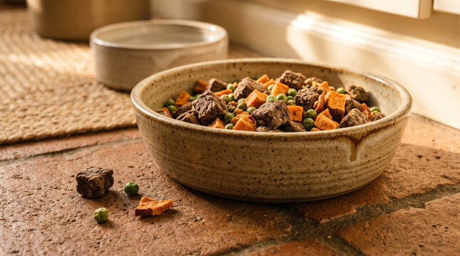 Delicious chunks of meat and peas in a ceramic dog food bowl on brick floor
