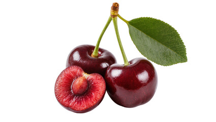 Dark red cherries with green stem and leaf one cut in half, isolated on transparent background © Veaceslav