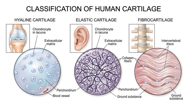 Comparative Circular Microanatomy Illustration of Human Hyaline, Elastic, and Fibrocartilage Showing Perichondrium, Chondrocytes in Lacunae, Collagen or Elastic Fibers, Ground Substance, and Typical S