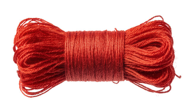 Bright red yarn spool with loose threads, isolated on transparent background