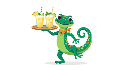 Obraz premium Cartoon Gecko Server Holding Tropical Drinks on Tray