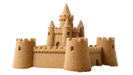 Intricate sandcastle with multiple towers and crenellations, isolated on transparent background © Maria