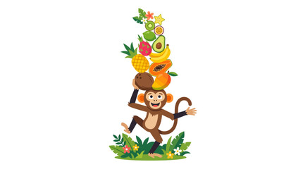 Fototapeta premium Playful Monkey Balancing Exotic Fruits on Head - Tropical Fun