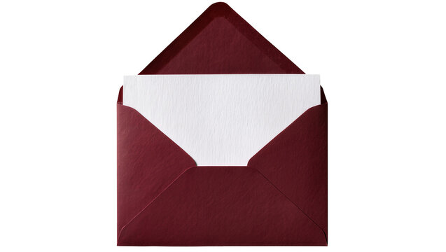 Open burgundy envelope with white textured paper card inside, isolated on transparent background