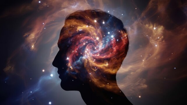 A conceptual artistic portrait of a human head silhouette filled with a vibrant swirling galaxy, nebula, and bright stars, representing deep thought, dreams, and imagination