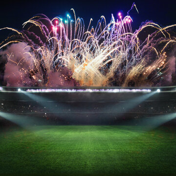 textured epic soccer game field with colorful firework - center, midfield