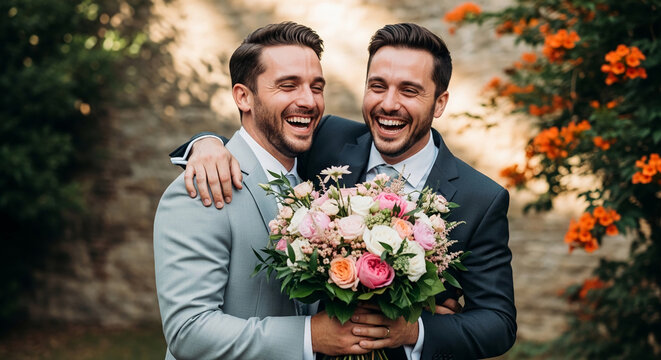 Two joyful men in suits embrace, holding a colorful bouquet, symbolizing love and partnership, perfect for wedding or celebration themes