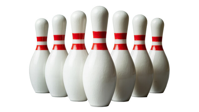 Seven white bowling pins with red stripes, isolated on transparent background