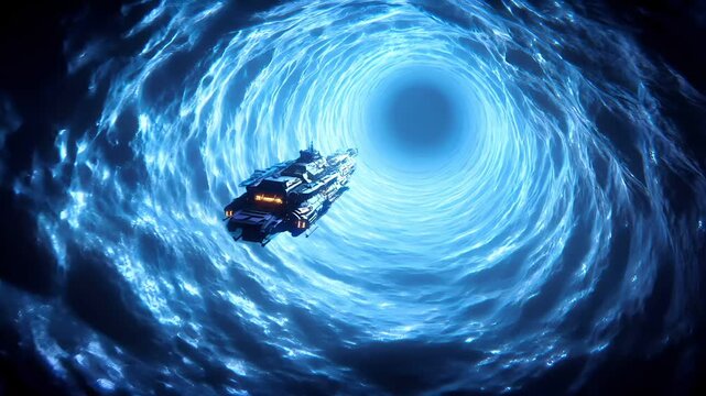 Space universe exploration, fantasy, mysterious. A vivid digital artwork depicts a futuristic ship navigating a mesmerizing vortex of swirling blue water. The ship.
