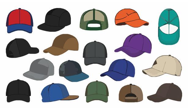 Professional Baseball Cap Illustration Set with Assorted Sports Hat Views