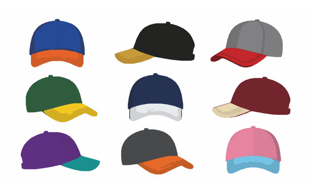 Baseball Cap Vector Collection with Multiple Hat Styles Isolated on White Background