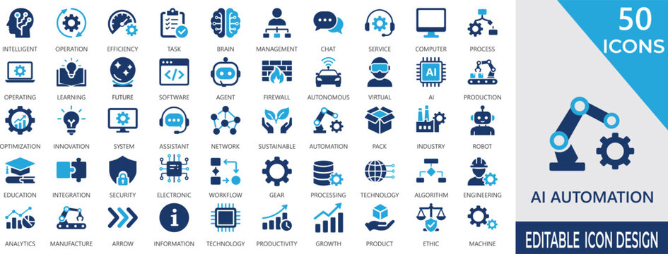 AI Automation solid icon set with artificial intelligence, efficiency, future, software, workflow,  productivity, robotic ,  and smart technology symbols.