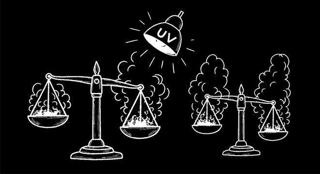 Balanced scales disrupted by flying explosive bomb illustration.