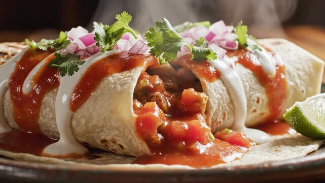 Steamed tamales with red sauce and fresh garnish