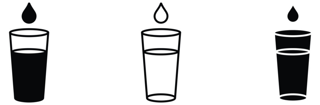Three cylindrical glass tubes with liquid levels and droplets icon set for science and laboratory use