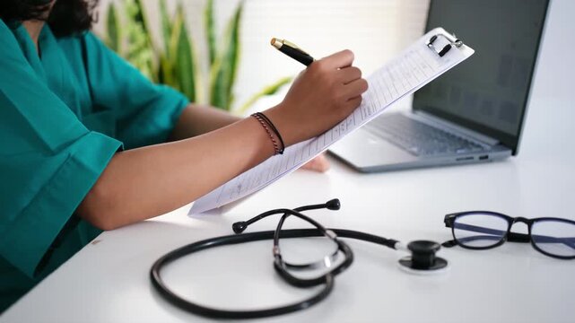 A doctor writes medical notes on a white clipboard. Medicine. Clipboard, hospital, and doctor's hand writing diagnosis, patient information, and medical report.
