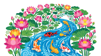 Fototapeta premium Vibrant Koi Fish Swimming in a Flowing Stream Surrounded by Lotus Flowers