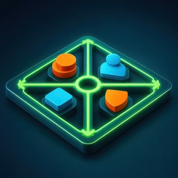 Neon glowing quadrant chart with colorful 3D icons on a dark digital interface