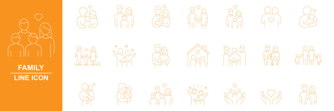 Modern family relationships icon set. Thin line vector illustration icons with editable stroke. Love, marriage, parenting, childhood, elderly care, emotional connection, conflict, and family support