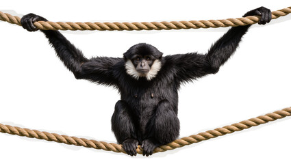 Black gibbon monkey holding onto thick rope, isolated on transparent background © Veaceslav