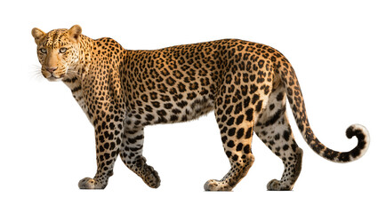 Spotted leopard with black rosettes, walking gracefully isolated on transparent background © Maria