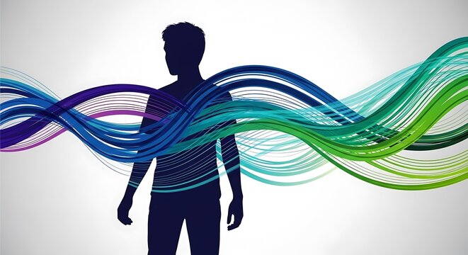 Silhouette of a person with colorful wings of light.