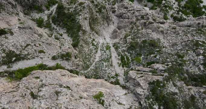 Cinematic top down aerial shot flying forward over a steep rocky cliff edge at Sulak Canyon in Dagestan