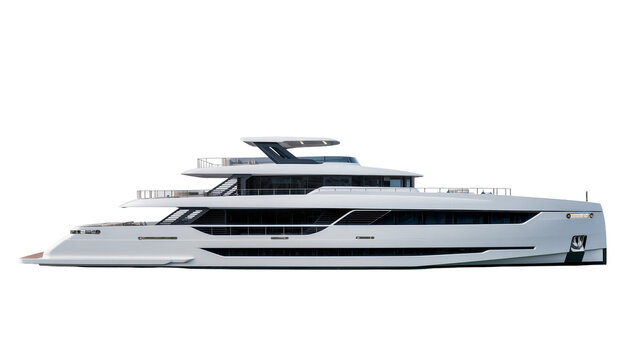 Modern white luxury superyacht with multiple decks and large windows, isolated on transparent background