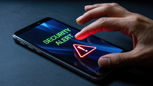 Close-up of a human hand touching a smartphone screen displaying a glowing red security alert warning on a dark background, representing digital cyber, threat protection