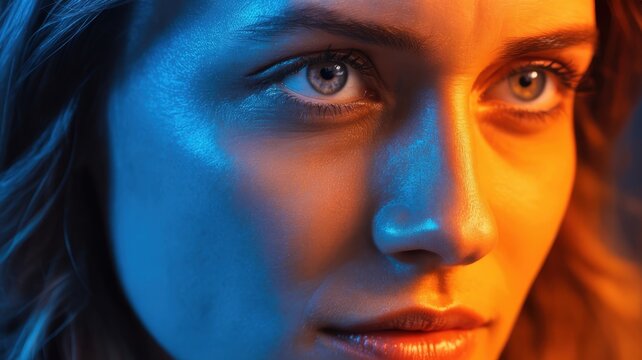 Close-up portrait of a young woman face with dual lighting effect featuring contrasting blue and orange neon tones illuminating her skin and eyes in a dramatic studio setting
