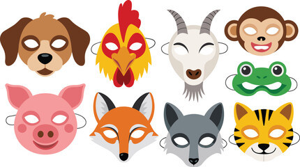 Fototapeta premium Cute Animal Paper Mask Vector Set with Dog, Rooster, Goat, Monkey, Frog, Pig, Fox, Wolf, and Tiger Faces for Kids Birthday Parties, Masquerades, and School Theater Plays