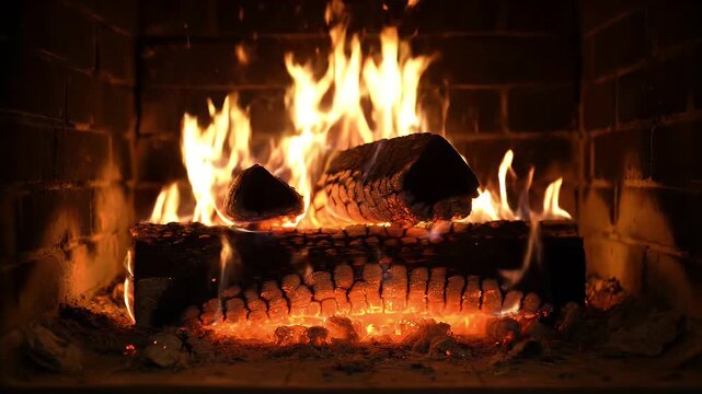 Cozy Wood Burning Fireplace with Bright Orange Flames and Glowing Embers in Brick Hearth