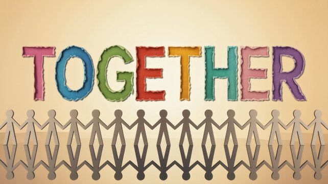 Colorful paper cutout letters spelling the word together with a row of paper people holding hands underneath on a soft beige background, representing unity and teamwork