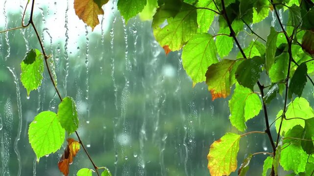 Wet green and autumn leaves sticking to a vertical glass window during heavy rain with water droplets and vertical streaks running down the surface against a blurred background.