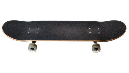 Black grip tape skateboard with wooden deck and translucent wheels, isolated on transparent background © Maria