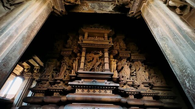 Khajuraho. Chaunsat Yogini Temple. Dedicated to the goddess Kali. Unesco World Heritage Siteing bas relief panorama, Lakshmana Temple, Khajuraho, India. Unesco World Heritage Site
