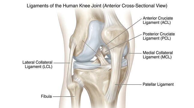 Detailed Anterior Cross‑Sectional Illustration of the Human Knee Joint Depicting Anterior and Posterior Cruciate Ligaments, Medial and Lateral Collateral Ligaments, Patellar Ligament, Femur, Tibia, an