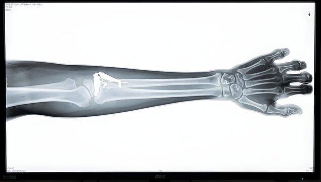 Realistic AP view X-ray of ulnar shaft fracture in forearm, sharp cortical break, medical imaging detail, realism