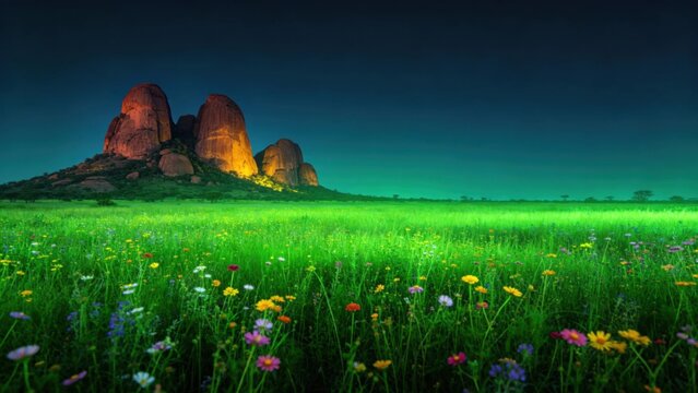 Green African meadow with wildflowers and distant kopje rock