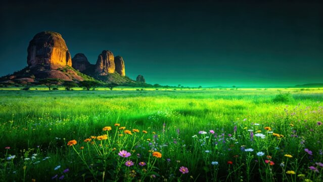 Green African meadow with wildflowers and distant kopje rock