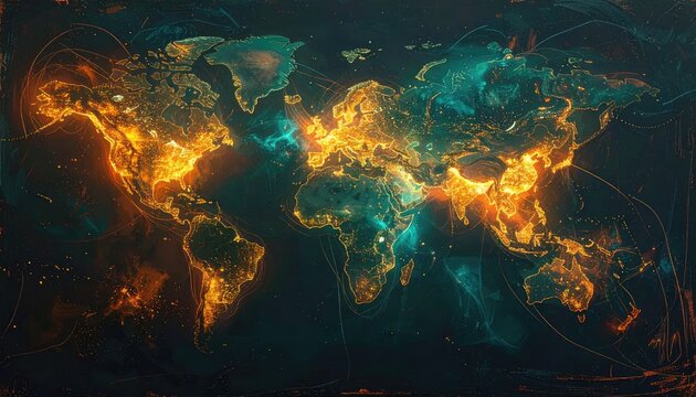 Abstract World Map Glowing with Fiery and Cool Tones.
