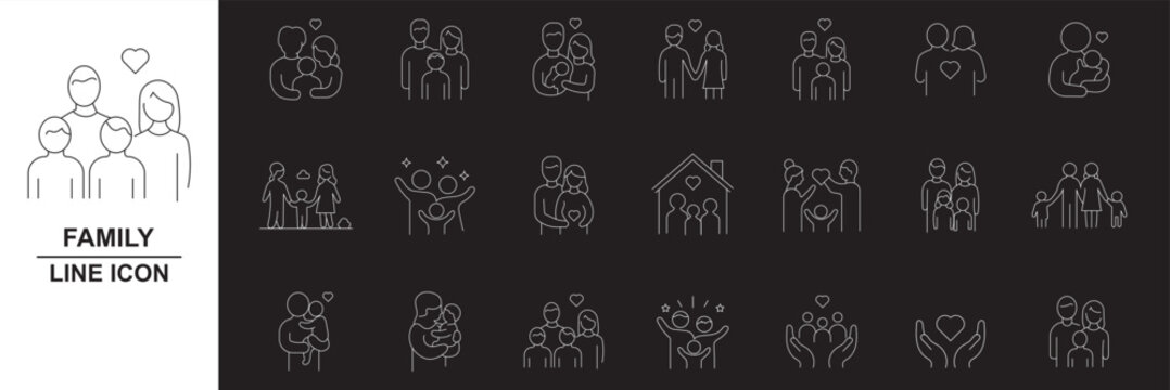 Modern family relationships icon set. Thin line vector illustration icons with editable stroke. Love, marriage, parenting, childhood, elderly care, emotional connection, conflict, and family support