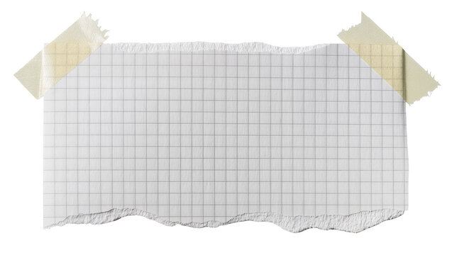Torn graph paper with taped corners, isolated on transparent background