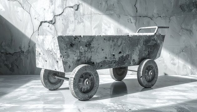 Old Rusty Mining Cart on Concrete Floor with Dramatic Lighting.