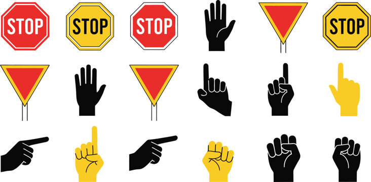 Black, yellow, and red stop and hand on white background, stop hand black