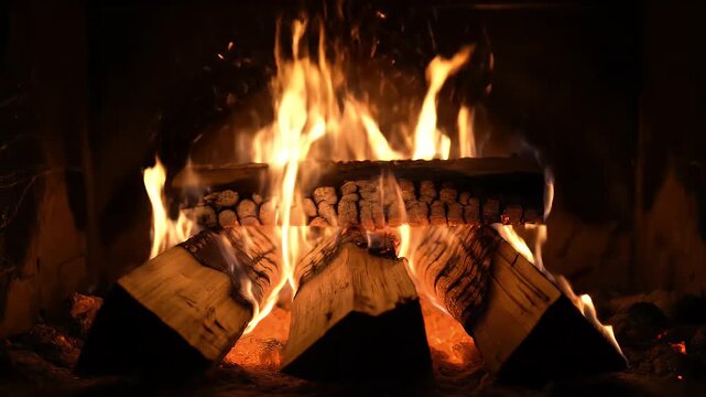 Warm and Cozy Wood Burning Fireplace with Bright Orange Flames and Glowing Embers